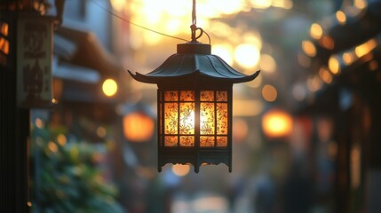 Illuminated Asian lantern hanging in a dimly lit alleyway at sunset.
