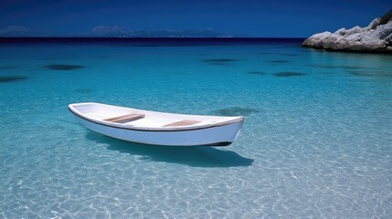 Naklejka premium Tranquil white boat floats peacefully in crystal-clear turquoise water, bathed in sunlight, serene coastal scene