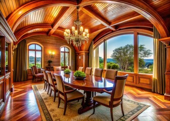 Fototapeta premium Arched Wooden Ceiling Dining Room: Floating Furniture Illusion, Curved Lines, Wood Paneling, Interior Design