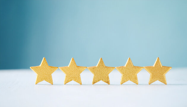 Golden stars glowing on pastel background, premium service and best quality. Excellence, top rating