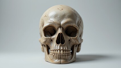 Fototapeta premium Realistic Human Skull Decor on a Neutral Background Highlighting Intricate Details and Texture