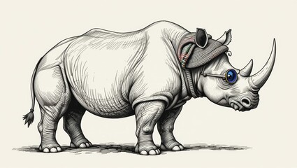 Obraz premium Realistic Illustration of a Rhinoceros with a Colorful Accessory and Blue Eye on a Light Background