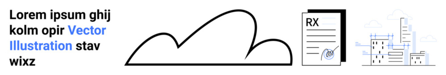 Abstract cloud, prescription paper with medical RX, and urban cityscape. Ideal for healthcare, technology, innovation, cloud computing, medical services, digital transformation and simple landing