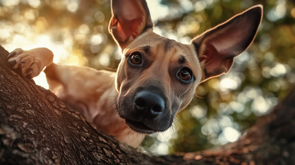 Obraz premium Dog Peeking Behind Tree in Forest with Sunlight
