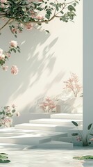 Minimalist Garden Scene with Clean Lines and Soft Floral Elements