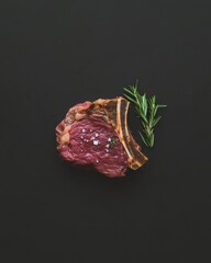 Obraz premium A succulent piece of grilled steak garnished with a fresh sprig of rosemary, resting on a rustic wooden cutting board, showcasing its juicy texture and rich color.