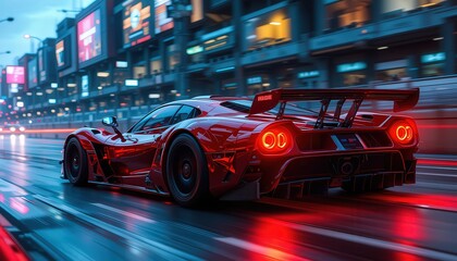 Fototapeta premium Red Supercar Speeding Through Neon City at Night