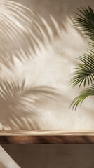 serene composition featuring soft shadows cast by palm leaves on textured beige wall, complemented by wooden shelf. interplay of light and shadow creates calming atmosphere