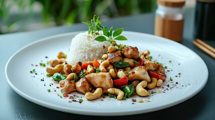 Delicious stir-fried chicken with roasted cashews and white rice garnished with herbs on a plate.