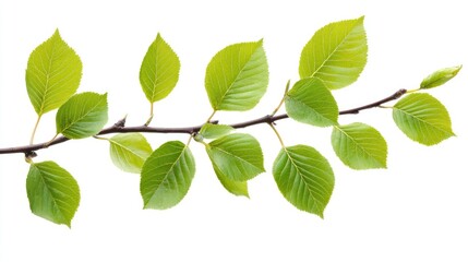 Naklejka premium A vibrant green branch adorned with fresh leaves against a clean white background, ideal for nature-themed projects