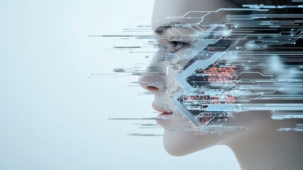 Digital transformation concept with a futuristic human face blended with circuit patterns.