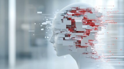 Digital transformation concept with AI head and data flow abstract. Futuristic tech innovation representation.