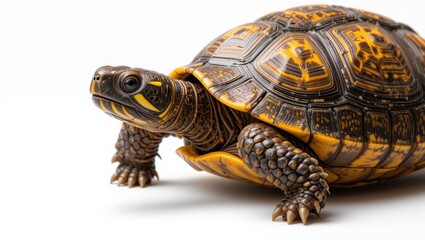 Close-Up Portrait of a Colorful Tortoise with Unique Shell Patterns on a White Background