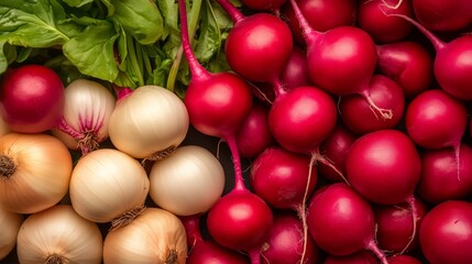 Obraz premium Vibrant Radishes & Onions: A captivating arrangement of fresh, colorful radishes, crisp onions, and verdant greens. showcasing the bounty of nature's harvest. 