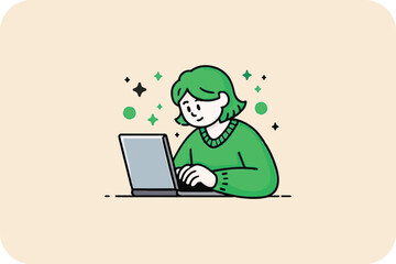 Innovative Business Art: Modern Executive gitl in Green Polka Dot Suit with a Sleek Laptop