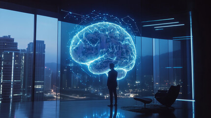 Obraz premium Businessman Contemplating Futuristic AI Brain Interface in Modern Office at Night