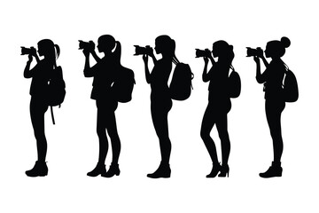 set of female Photographers silhouette collection on white background. camera women silhouette set vector illustration. 
