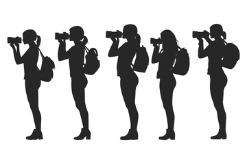 set of female Photographers silhouette collection on white background. camera women silhouette set vector illustration. 