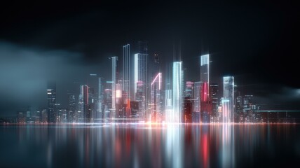 Futuristic city skyline reflecting on water at night, illuminated with vibrant lights.