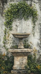 Vintage Rustic Garden Fountain Surrounded by Lush Greenery