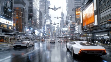 Naklejka premium Futuristic cityscape with flying cars and advanced skyscrapers, showcasing a high-tech urban environment.