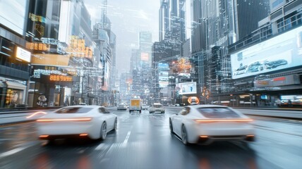 Futuristic cityscape with modern cars speeding through a bustling urban street in dynamic motion blur.