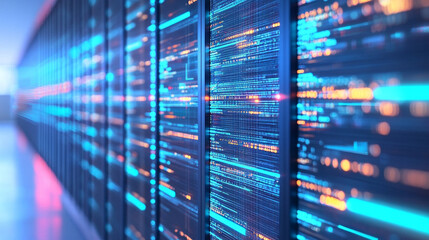 Futuristic Server Room Data Center with Bright Blue and Orange Digital Code Streaming Across Screens