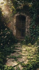 Rustic Overgrown Garden Scene with Wild Vegetation and Entrance