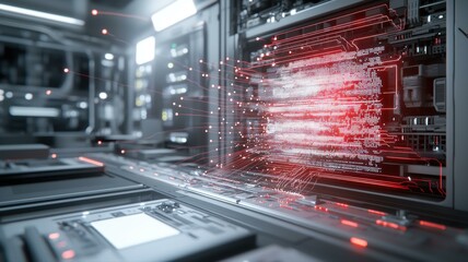 Futuristic server room with digital data processing and glowing red lights, showcasing advanced computer technology.