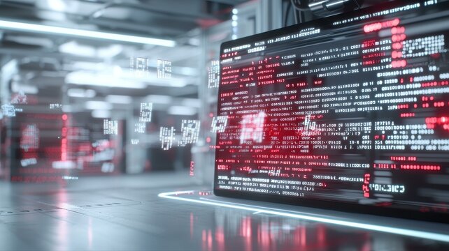 Futuristic server room with abstract digital code and glowing lines, representing modern technology and data flow.