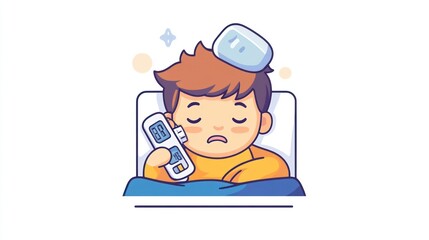 Sick boy resting in bed with ice pack, thermometer; illness illustration