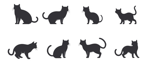 cute black cats silhouette on a white background. set of cat silhouette collection, Cats Silhouettes set. Cute cat silhouette set different various poses. 