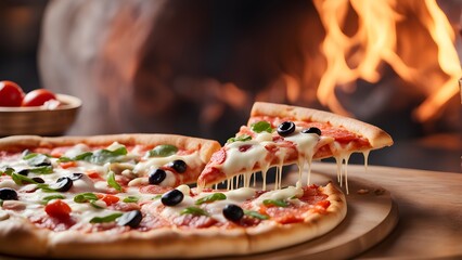 Delicious pepperoni pizza melted mozzarella cheese, olives, basil, a slice being pulled away, front a blurred background a wood-fired oven.