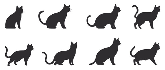 cute black cats silhouette on a white background. set of cat silhouette collection, Cats Silhouettes set. Cute cat silhouette set different various poses. 