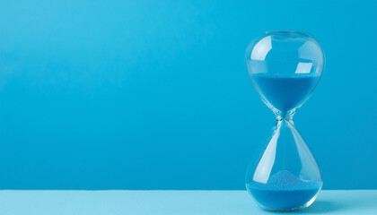Hourglass isolated on blue background with copy space.
