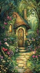 Obraz premium Enchanted Garden Scene with Storybook Cottage and Colorful Flowers
