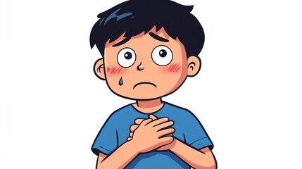 Sad boy, clutching chest, worried expression, white background, children's illustration