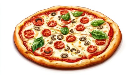 A delicious pizza topped with fresh tomatoes, olives, and basil leaves, set against a bright, inviting background
