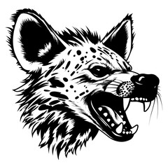 Detailed black and white illustration of a hyena face, perfect for graphic design and tattoo art.
