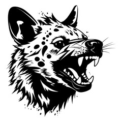 Detailed black and white illustration of a hyena face, perfect for graphic design and tattoo art.