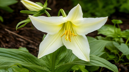 Obraz premium Creamy White Lily Blooming in Garden, Close-up View, Nature Background, Botanical Photography