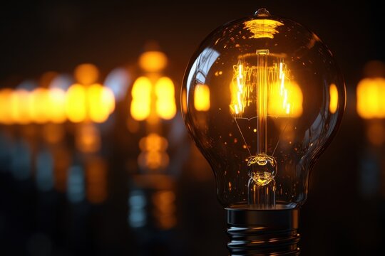 Vintage incandescent light bulb glowing in a dark environment showcasing warm light and intricate filament design, creating a cozy atmosphere