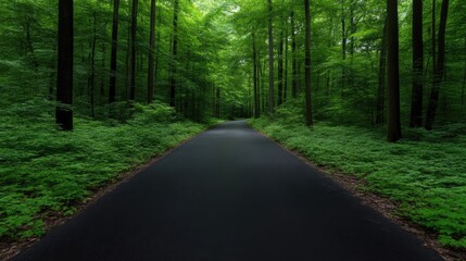 Fototapeta premium Forest road stretches into distance. Lush green trees line the way