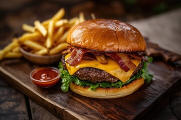 Brioche burger with cheddar, onions, crispy bacon and wooden backdrop