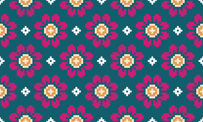 a detailed seamless composed of pixel designs with pink  flowers and white square on green background , design for fabric or various pattern printing works.