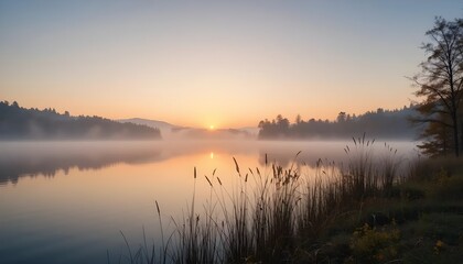 Fototapeta premium Serene Foggy Sunrise Over Lacu Roșu Lake in Harghita County, Showcasing Nature’s Tranquil Beauty
