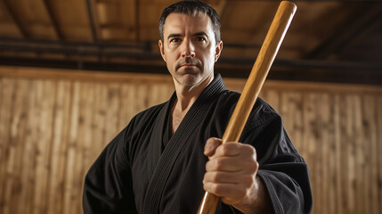 A man in a black karate uniform holding a wooden stick
