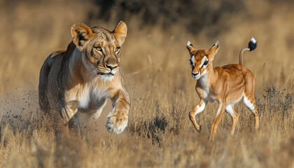 A lioness with her cub in a grassland, running towards the camera.