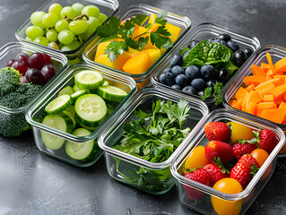 Healthy Colorful Fruits and Vegetables in Containers with Copyspace - Fresh Produce Display