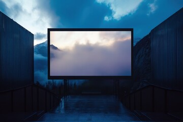 Fototapeta premium Dramatic mountain landscape with a large screen at dusk showcasing misty clouds